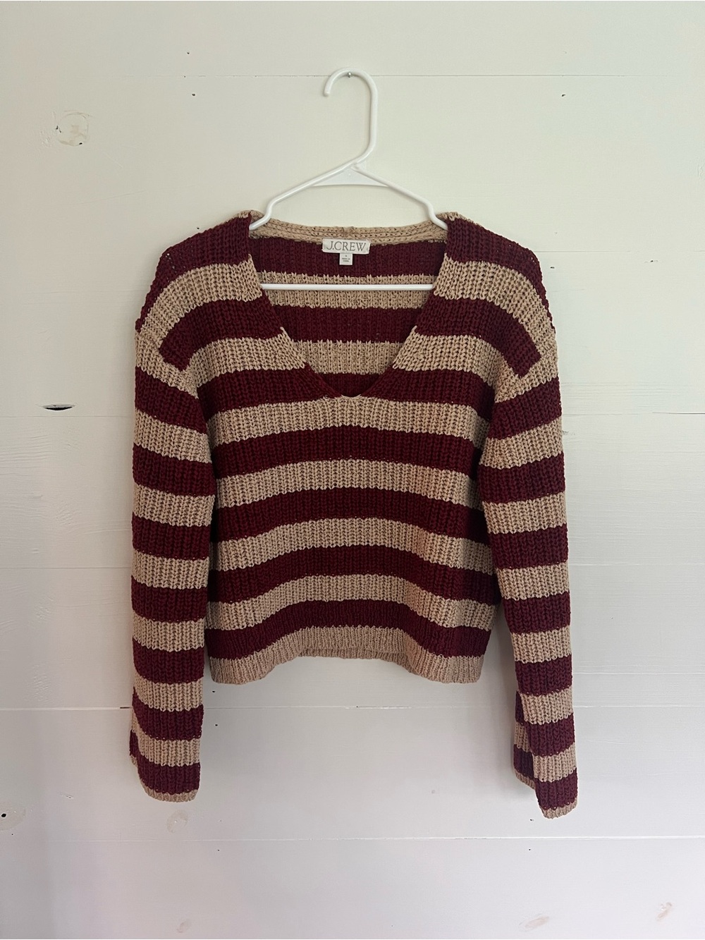 J. Crew Cropped V-Neck Striped Sweater in Burgundy and Beige